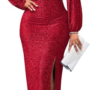 Glamorous Long Sleeve Red Glitter Dress